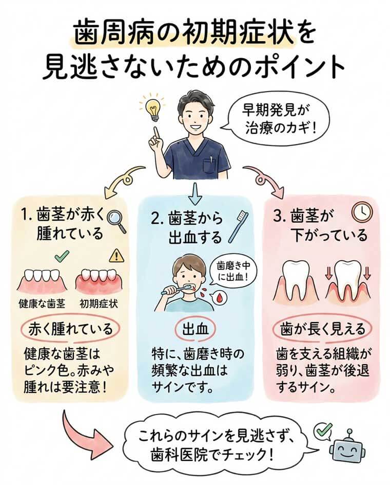 歯周病の初期症状を見逃さないためのポイントの図解