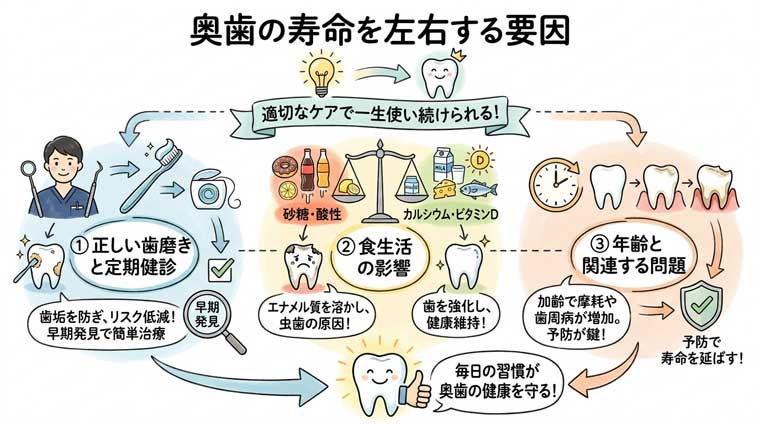 奥歯の寿命を左右する要因の図解