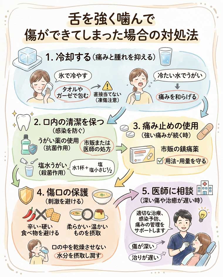 舌を強く噛んで傷ができてしまった場合の対処法の図解