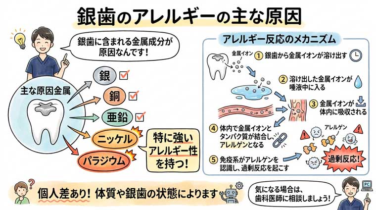 銀歯のアレルギーの主な原因の図解