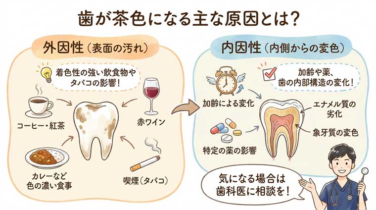 歯が茶色になる主な原因とは？の図解