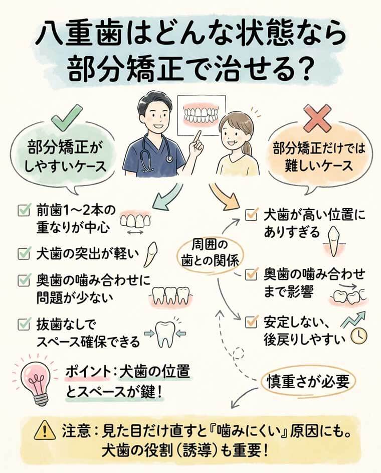 八重歯はどんな状態なら部分矯正で治せる？の図解