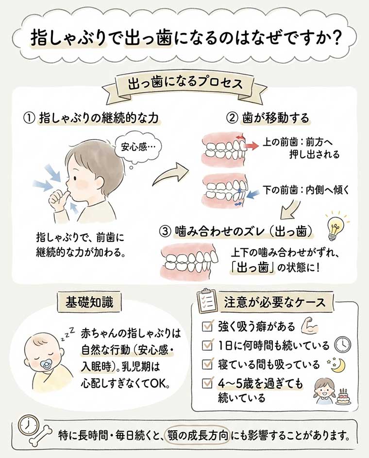 指しゃぶりで出っ歯になるのはなぜ？の図解