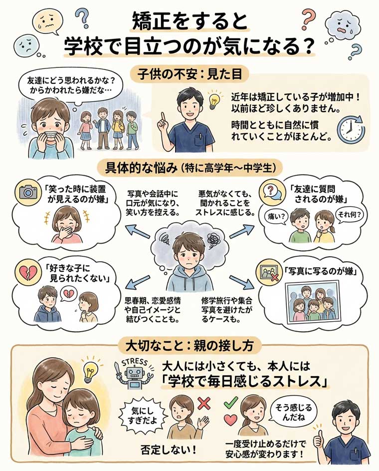 矯正をすると学校で目立つのが気になる？の図解