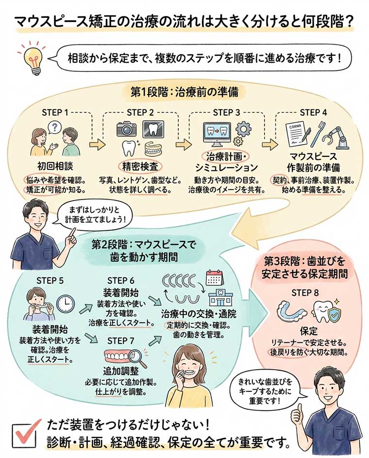 マウスピース矯正の治療の流れは何段階？の図解