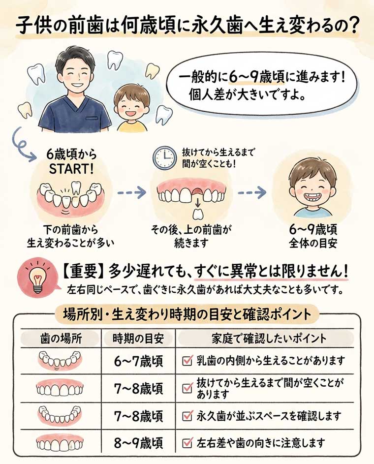 子供の前歯は何歳頃に永久歯へ生え変わるの？の図解