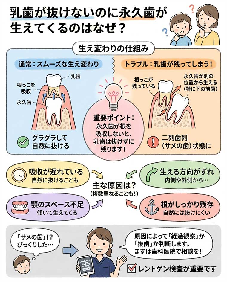 乳歯が抜けないのに永久歯が生えてくるのはなぜ？の図解