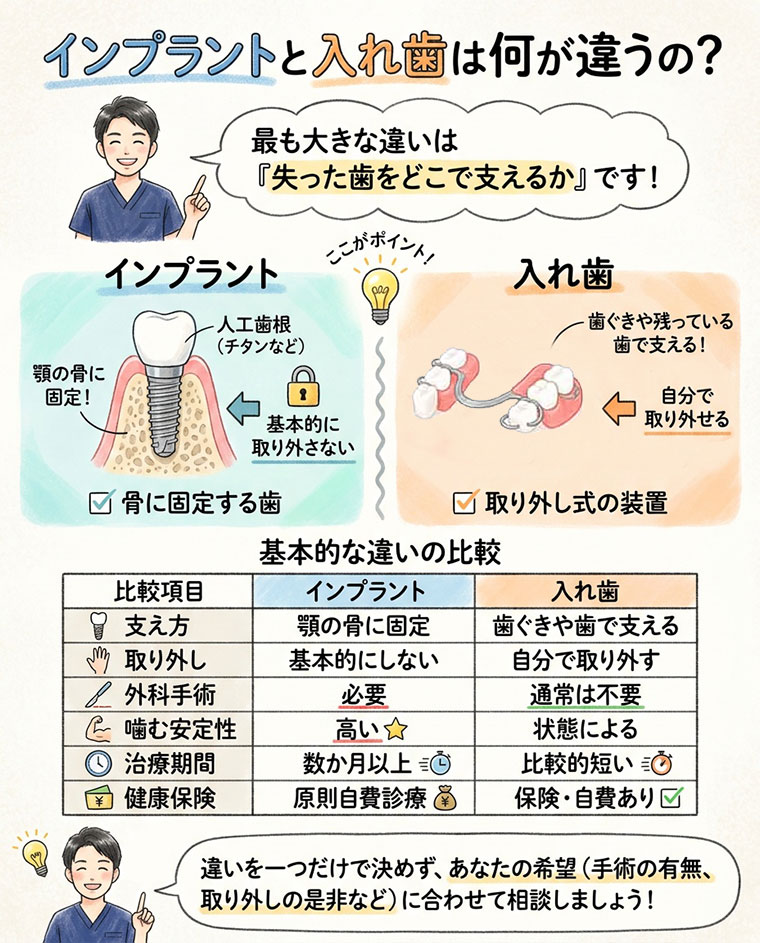 インプラントと入れ歯は何が違うの？の図解