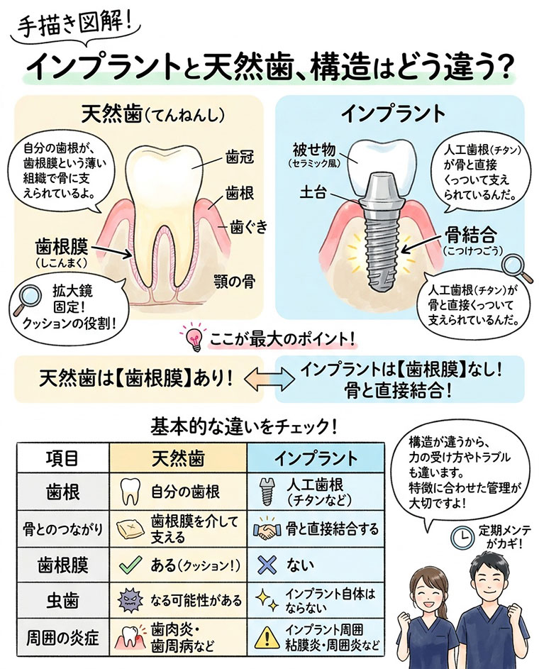 インプラントと天然歯は構造がどう違うの？の図解