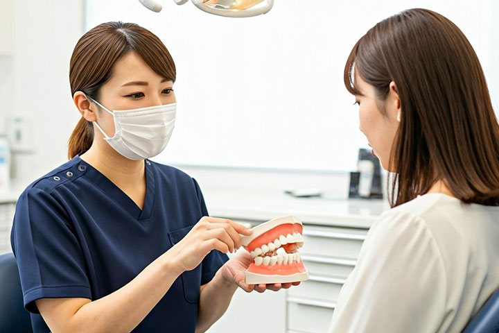 歯の模型で治療説明をする歯科医師